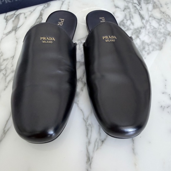 Prada Milano Black Leather Mule Slides Gold Logo Slip On Flat Shoes Mens UK6.5